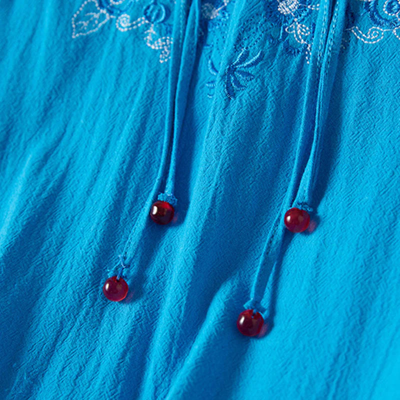 Buddha Stones Vintage Embroidery Frog-button Half Sleeve High Waist Cotton Linen Women's Midi Dress