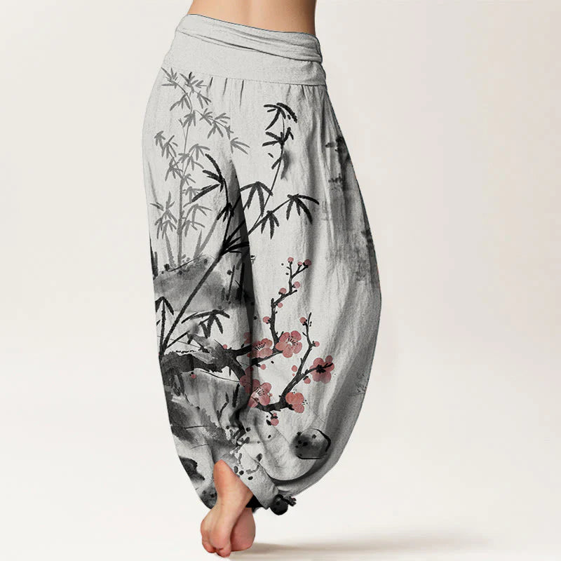 Buddha Stones Pure Cotton Plum Blossoms Bamboo Orchids Chrysanthemums Pattern Women's Elastic Waist Harem Pants