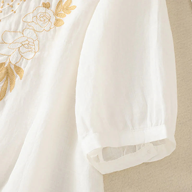 Buddha Stones Rose Floral Embroidery Button Half Sleeve Women's Cotton Shirt