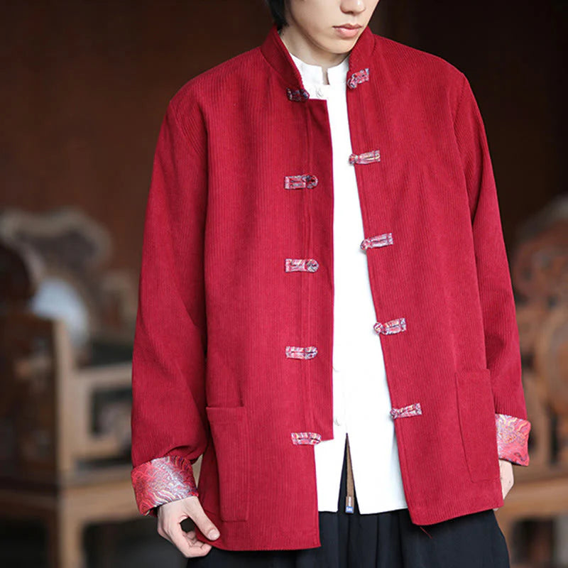 Buddha Stones Spring Jacquard Frog-Button Men's Cotton Corduroy Long Sleeve Jacket With Pockets