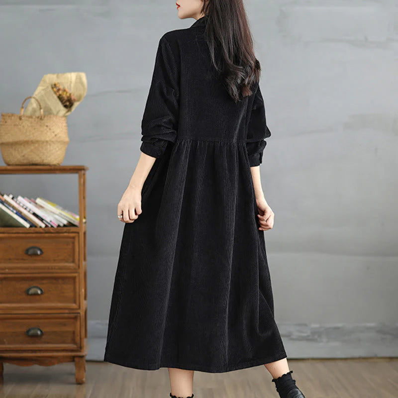 Buddha Stones Plain Buttons Long Sleeve Women's Cotton Corduroy Coat With Pockets