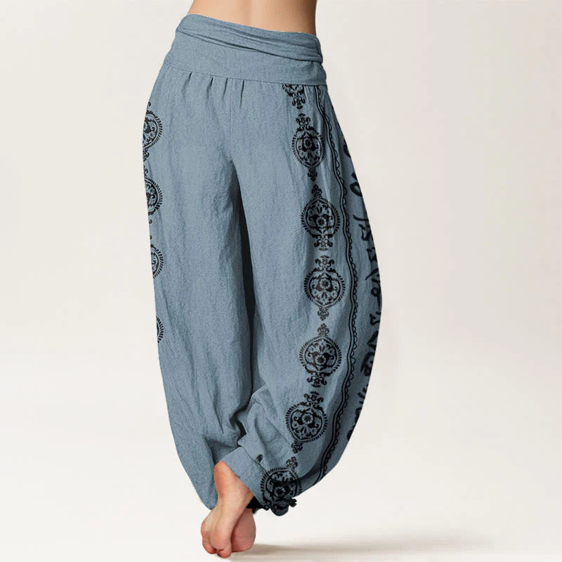 Buddha Stones Cotton Mandala Om Mani Padme Hum Women's Elastic Waist Harem Pants