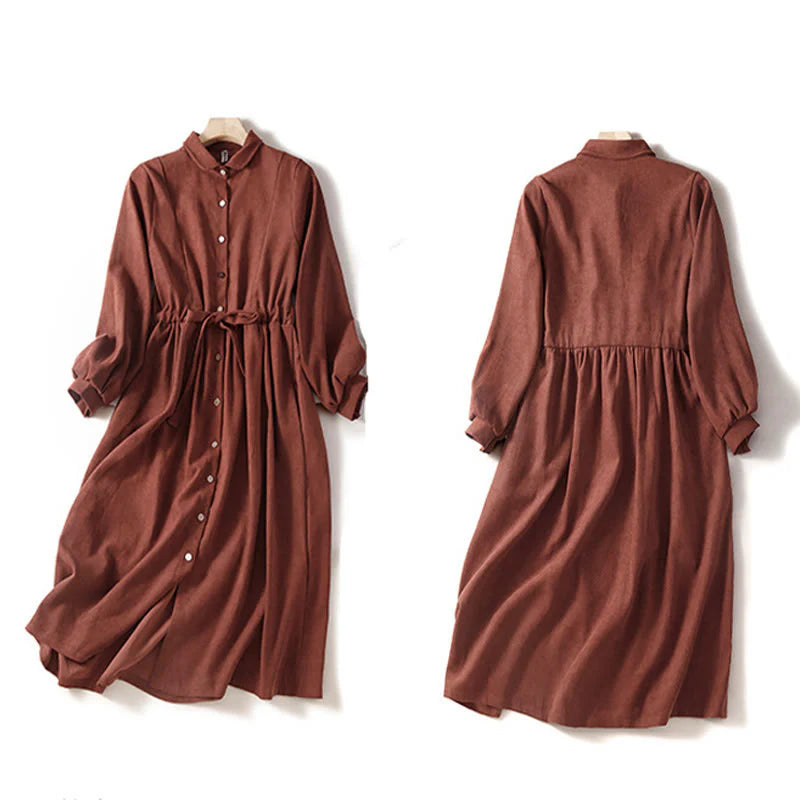 Buddha Stones Fall Solid Color Buttons Down Lace-up Design Long Sleeve Midi Dress With Pockets