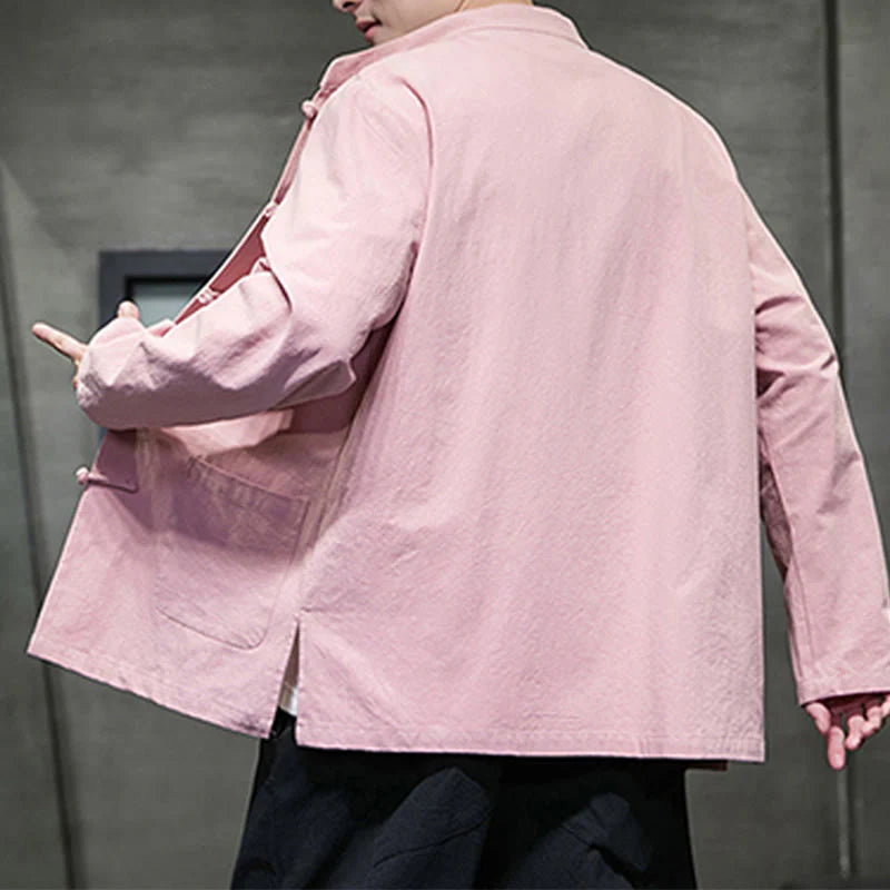 Buddha Stones Solid Color Frog-button Tang Suit Cotton Linen Men's Jacket Shirt With Pockets