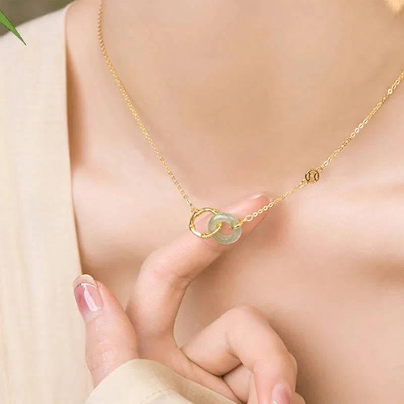 Buddha Stones 925 Sterling Silver Natural Green Aventurine Peace Buckle Bamboo Coin Prosperity Necklace Pendant