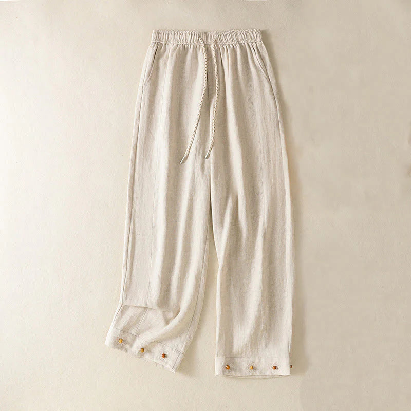Buddha Stones Casual Embroided Bead Drawstring Women's Wide Leg Cotton Pants With Pockets