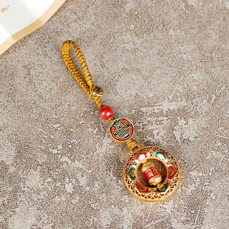 Buddha Stones Copper Prayer Wheel Five Directions Gods Of Wealth Balance Rotatable Key Chain