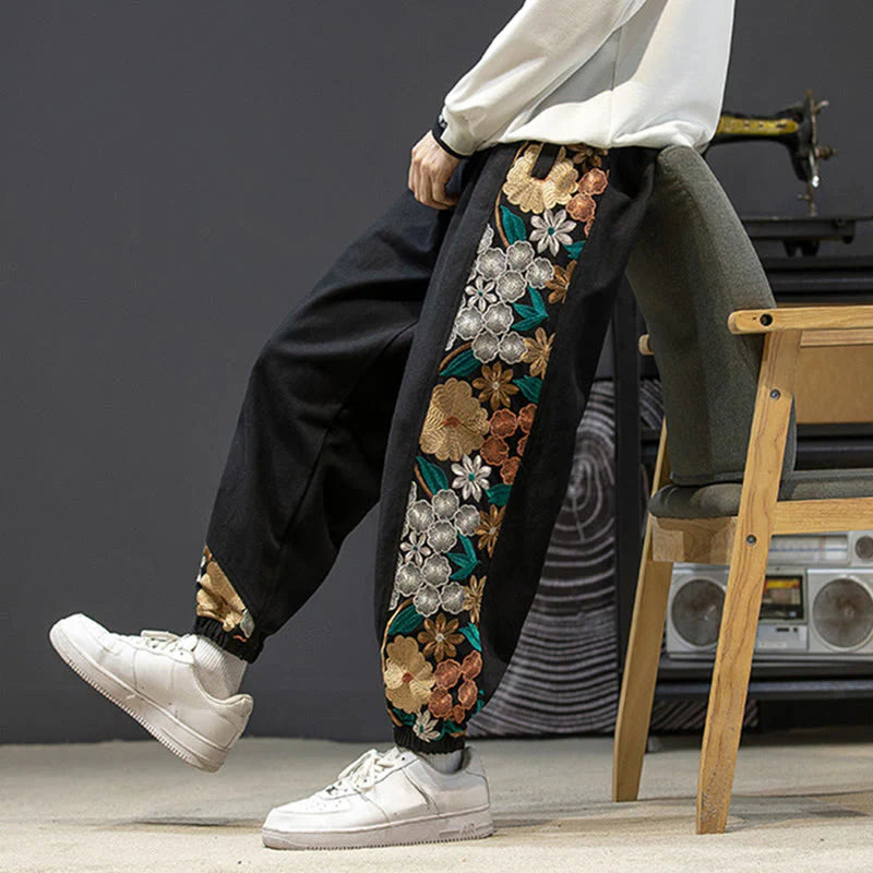 Buddha Stones Spring Men's Embroidered Flower Pattern Patchwork Cotton Pants With Pockets