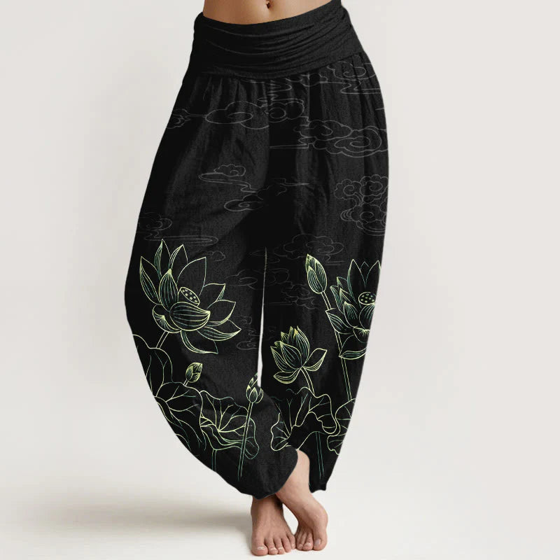 Buddha Stones Pure Cotton Concise Lotus Flower Leaf Pod Bud Cloud Pattern Women's Elastic Waist Harem Pants
