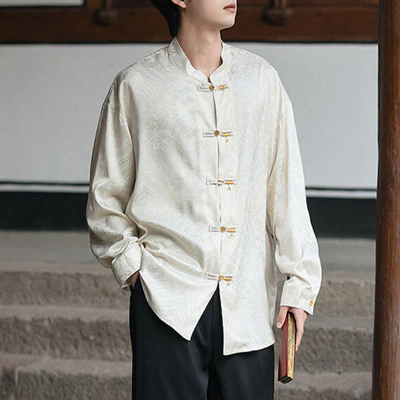 Buddha Stones Chinese Frog-Button Bamboo Shape Design Stand Collar Men's Long Sleeve Shirt