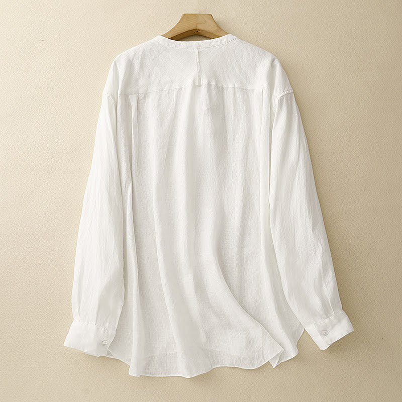 Buddha Stones Solid Color Crew Neck Buttons Design Women's Cotton Long Sleeve Shirt