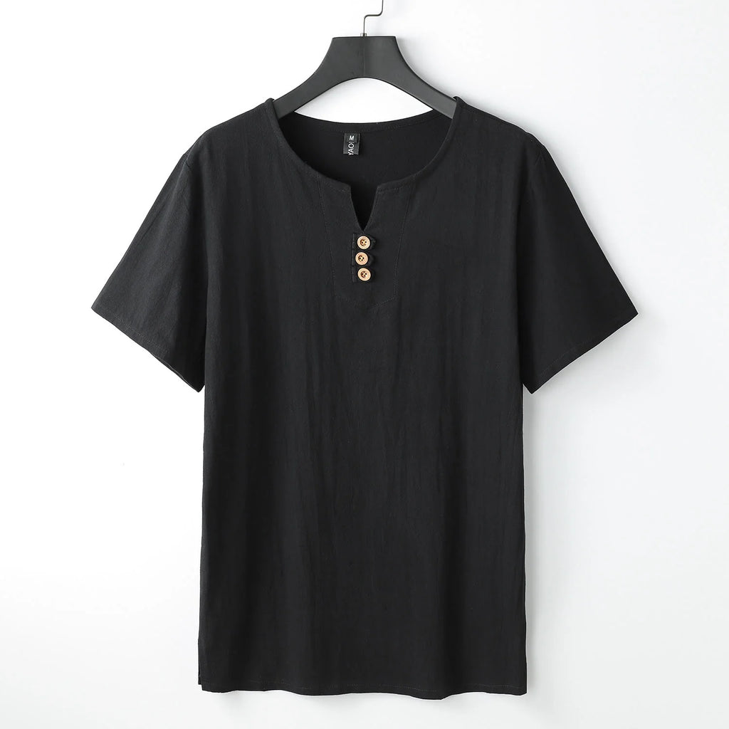 Buddha Stones Men's T-Shirt Solid Color Top Short Sleeve Three-button V Collar Soft Cotton Shirt