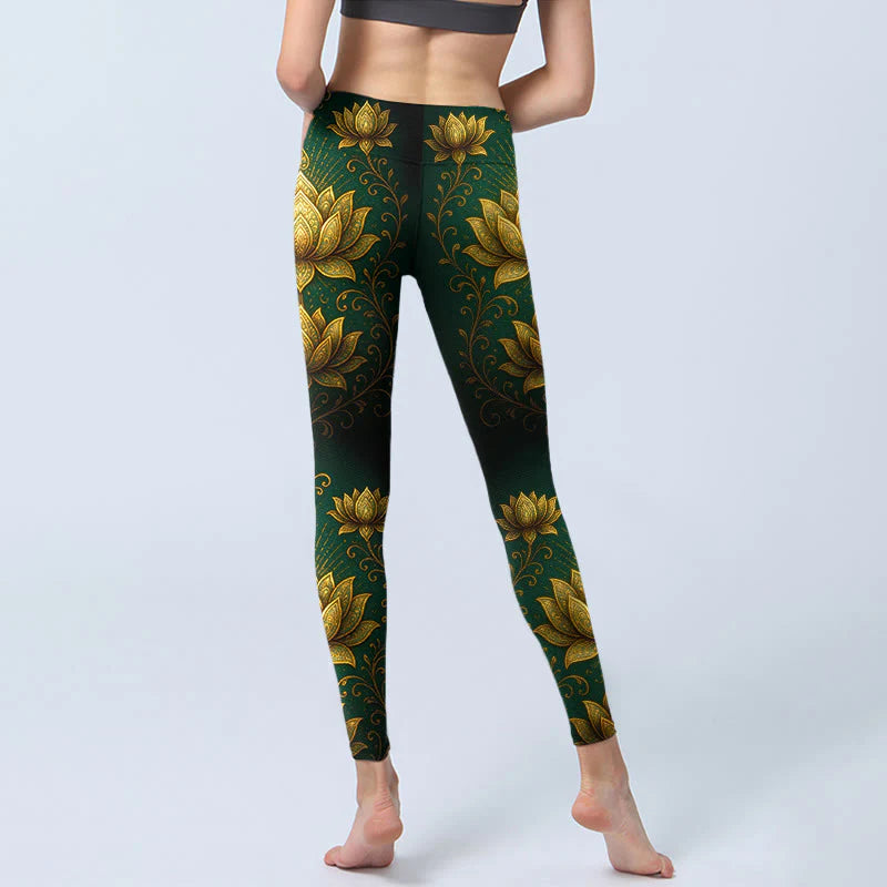 Buddha Stones Golden Lotus Pattern Print Gym Leggings Women's Yoga Pants