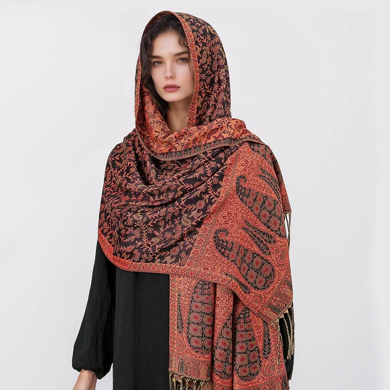 Buddha Stones Tibetan Jacquard Paisley Flower Pattern Color Contrast Design Tassel Cozy Scarf Shawl