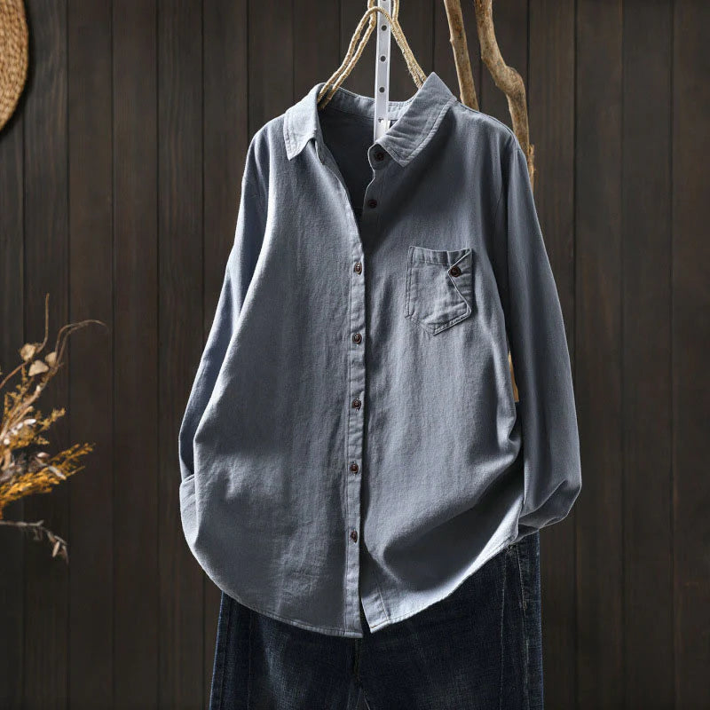 Buddha Stones Fall Buttons Down Pocket Decor Design Women's Stand Collar Long Sleeve Cotton Shirt