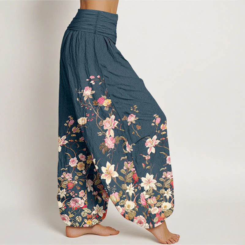 Buddha Stones Pure Cotton Exquisite Colorful Flower Pattern Women's Elastic Waist Harem Pants