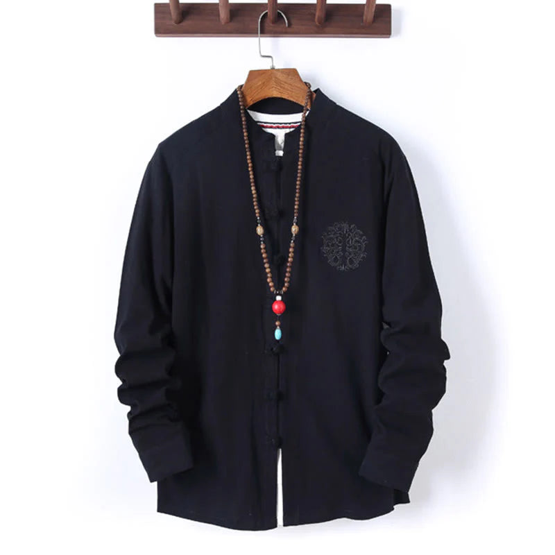 Buddha Stones 2Pcs Solid Color Men's Frog-Button Long Sleeve Cotton Shirt Pants Set With Pockets