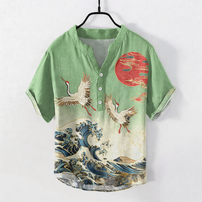 Buddha Stones Cotton Crane Wave Sun Pattern Men's Short Sleeve Half Button Shirt
