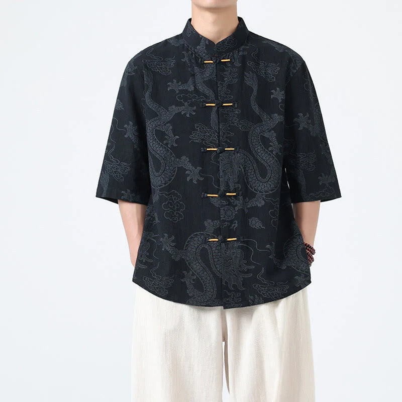 Buddha Stones Summer Dragon Auspicious Clouds Pattern Tang Suit Men's Frog-Button Half Sleeve Cotton Shirt