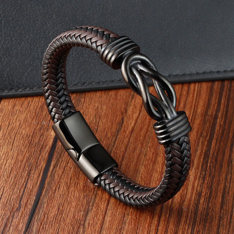 Buddha Stones Endless Knot Pattern Titanium Steel Balance Leather Buckle Bracelet