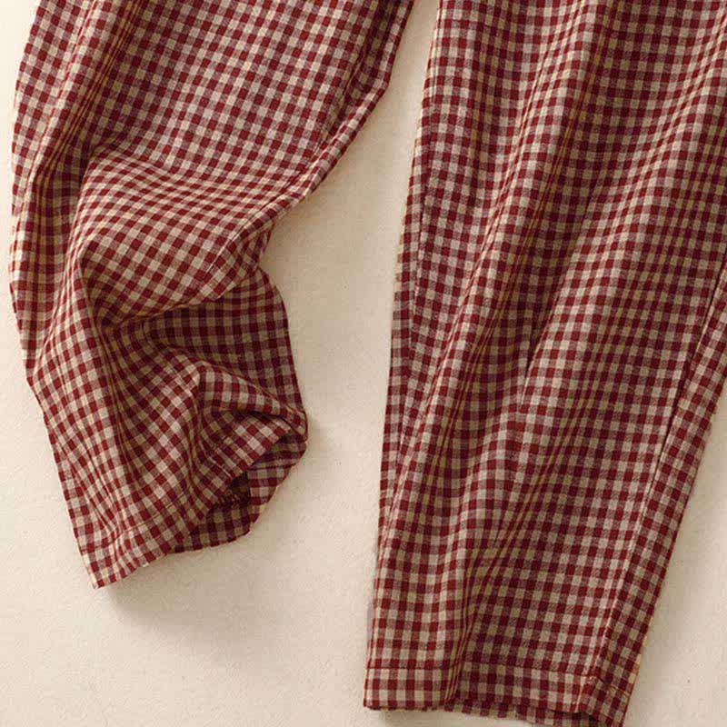 Buddha Stones Summer Plaid Elastic Waist Cropped Women's Tapered Pants With Pockets
