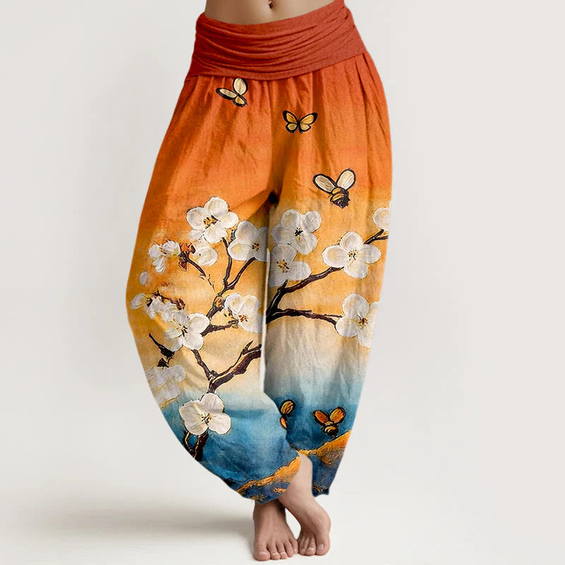 Buddha Stones Cotton Colourful Flower Butterfly Bee Pattern Women's Elastic Waist Harem Pants