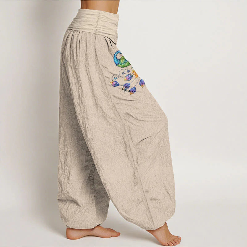 Buddha Stones Cotton Colorful Peacock Pattern Women's Elastic Waist Harem Pants