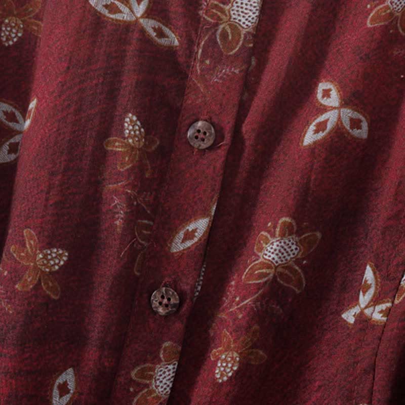 Buddha Stones Summer Printing Floral Button Lace-Up Design Half Sleeve Midi Dress With Pockets