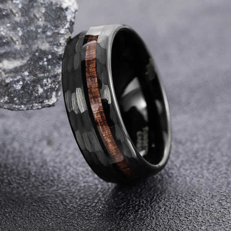 Buddha Stones Hammered Texture Inlay Tungsten Steel Endurance Ring