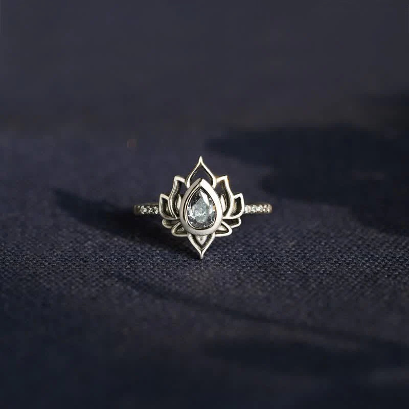 Buddha Stones 925 Sterling Silver Lotus Zircon Blessing Protection Ring