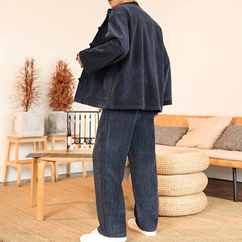 Buddha Stones 2Pcs Winter Thick Men's Tang Suit Frog-Button Cotton Corduroy Long Sleeve Jacket Pants Set With Pockets
