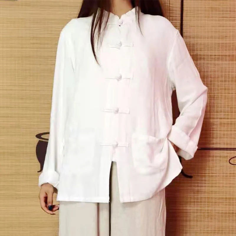 Buddha Stones Solid Color Frog-button Long Sleeve Cotton Linen Women's Shirts With Pockets