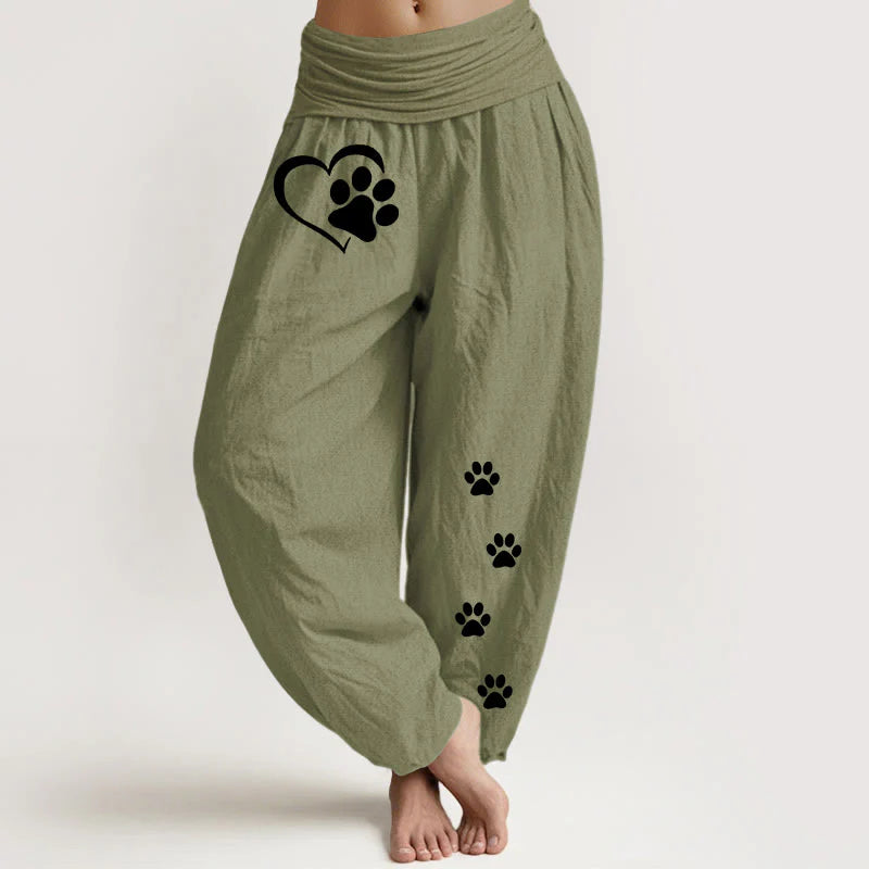 Buddha Stones Pure Cotton Concise Cat Paw Prints Heart-Shaped Pattern Women's Elastic Waist Harem Pants
