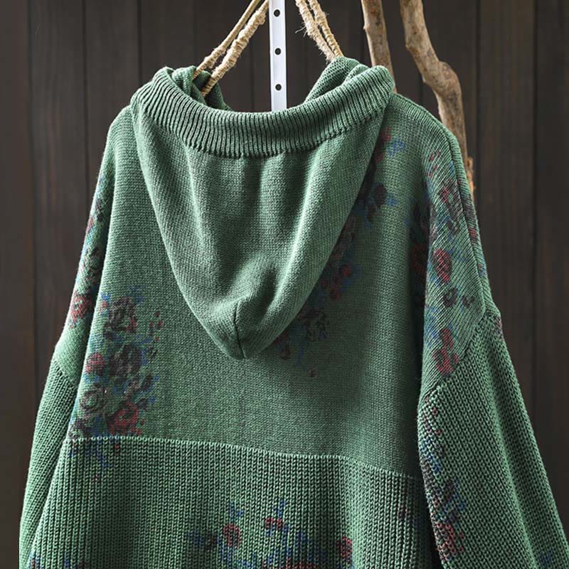 Buddha Stones Women's Knitted Floral Cotton Long Sleeve Hooded Sweater