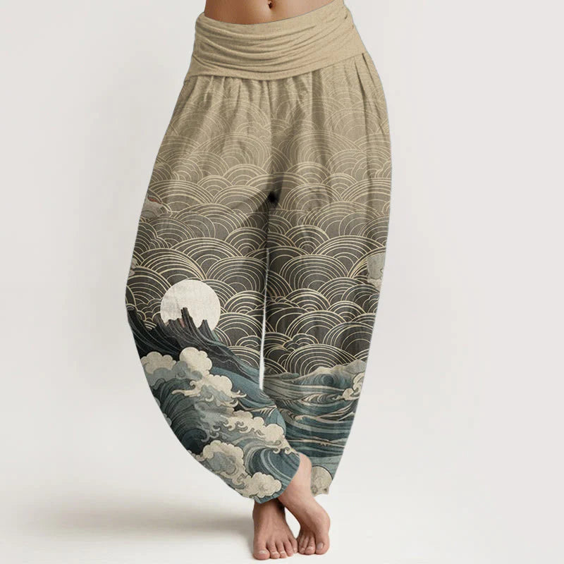 Buddha Stones Cotton Casual Wave Moon Mountain Pattern Women's Elastic Waist Harem Pants