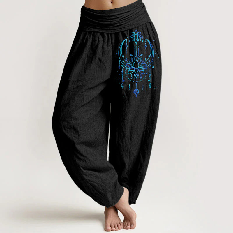 Buddha Stones Pure Cotton Elegant Lotus Pattern Women's Elastic Waist Harem Pants