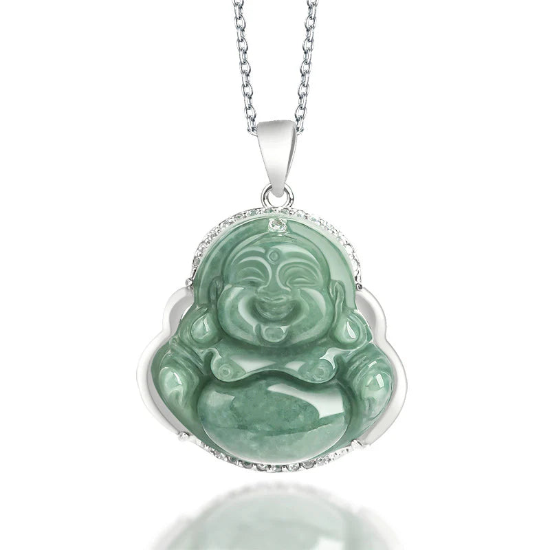 Buddha Stones Laughing Buddha Jade Abundance Necklace Titanium Steel Chain Pendant