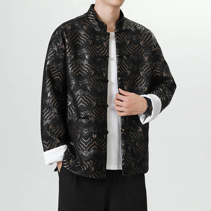 Buddha Stones Frog-Button Chinese Tang Suit Wave Shape Long Shirt Men Jacket Clothing (Extra 30% Off | USE CODE: FS30)