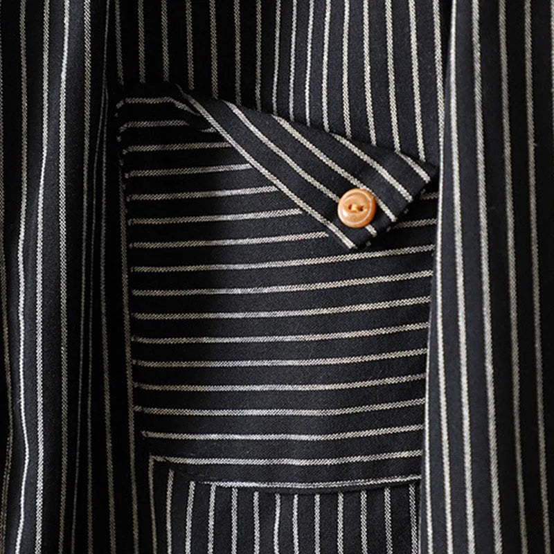 Buddha Stones Fall Stripe Stand Collar Buttons Women's Long Sleeve Shirt With Pocket