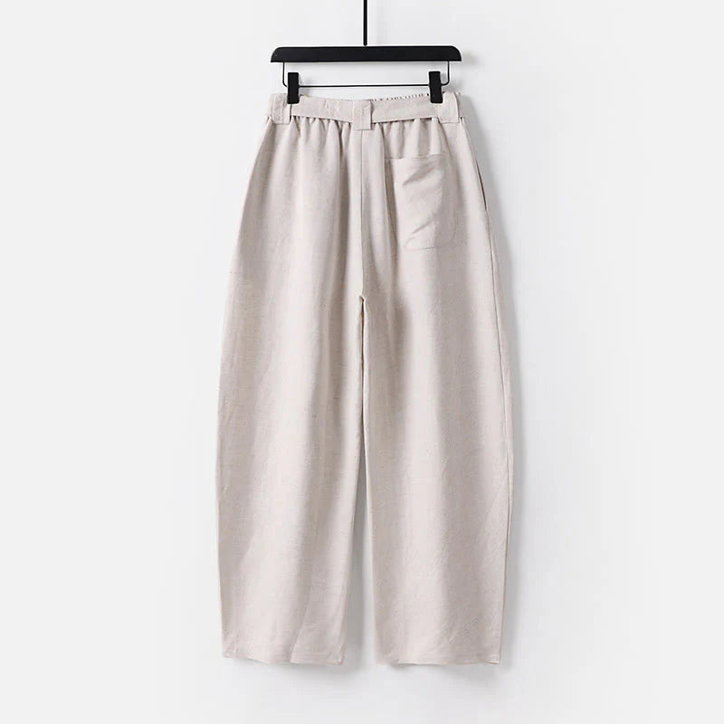Buddha Stones Summer Zipper Elastic Waist Design Men's Cotton Linen Wide Leg Pants With Pockets
