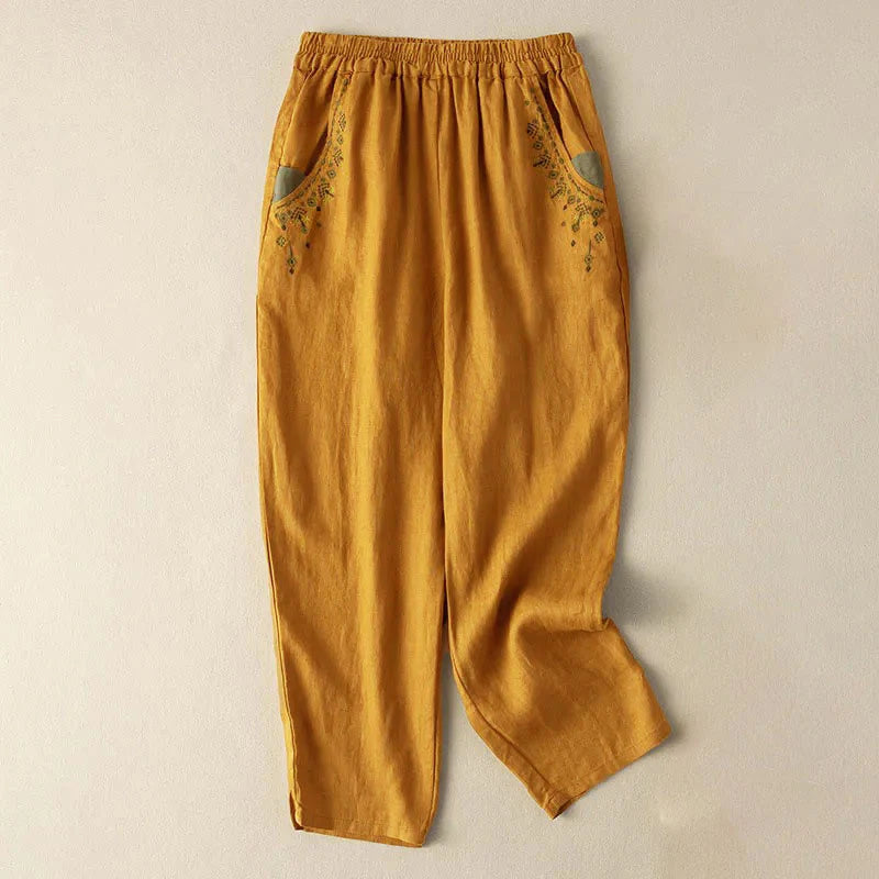 Buddha Stones Vintage Embroidery Elastic Waist Capri Harem Pants With Pockets