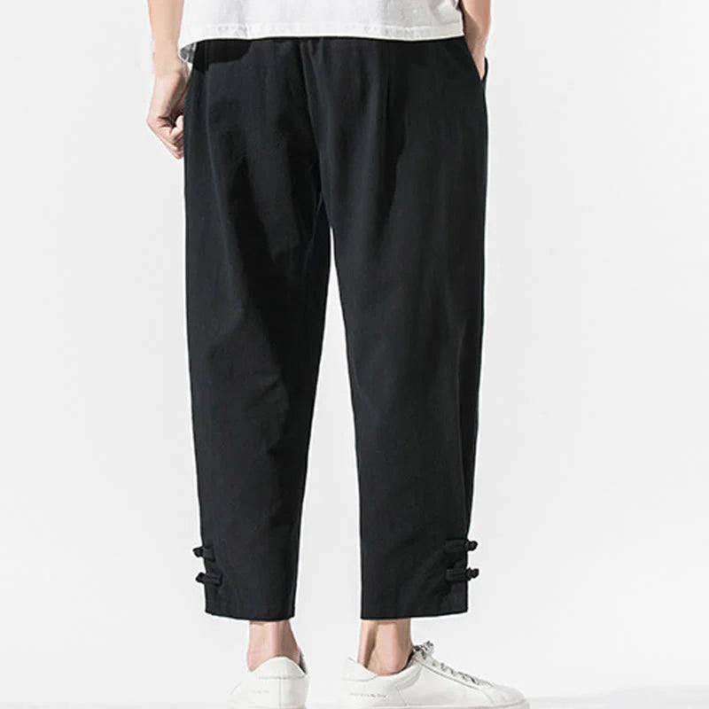 Buddha Stones Summer Chinese Characters Embroidery Men's Cotton Linen Pants With Pockets