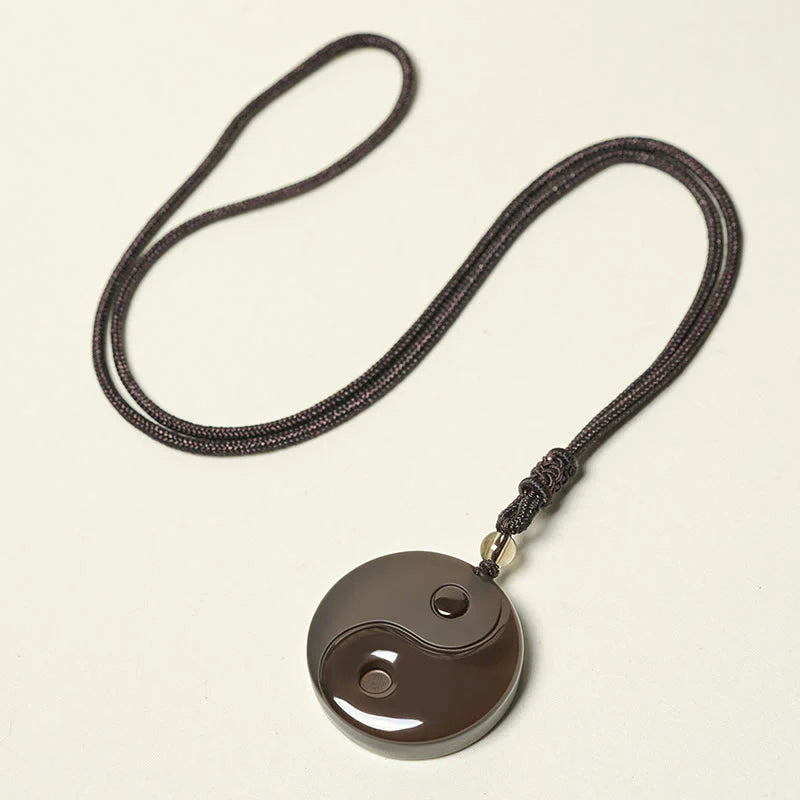 Buddha Stones Black Obsidian Taoism Five Sacred Mountains Nine-Character Mantra Carved Purification Yin Yang Necklace Pendant