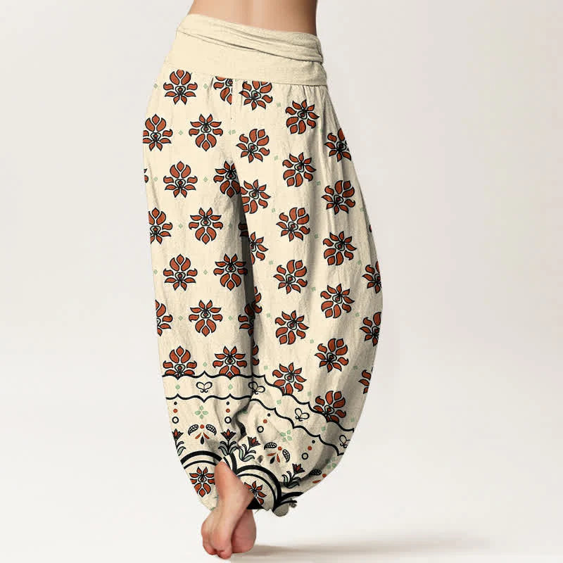 Buddha Stones Floral Pattern Pure Cotton Women's Harem Elastic High Waist Pants