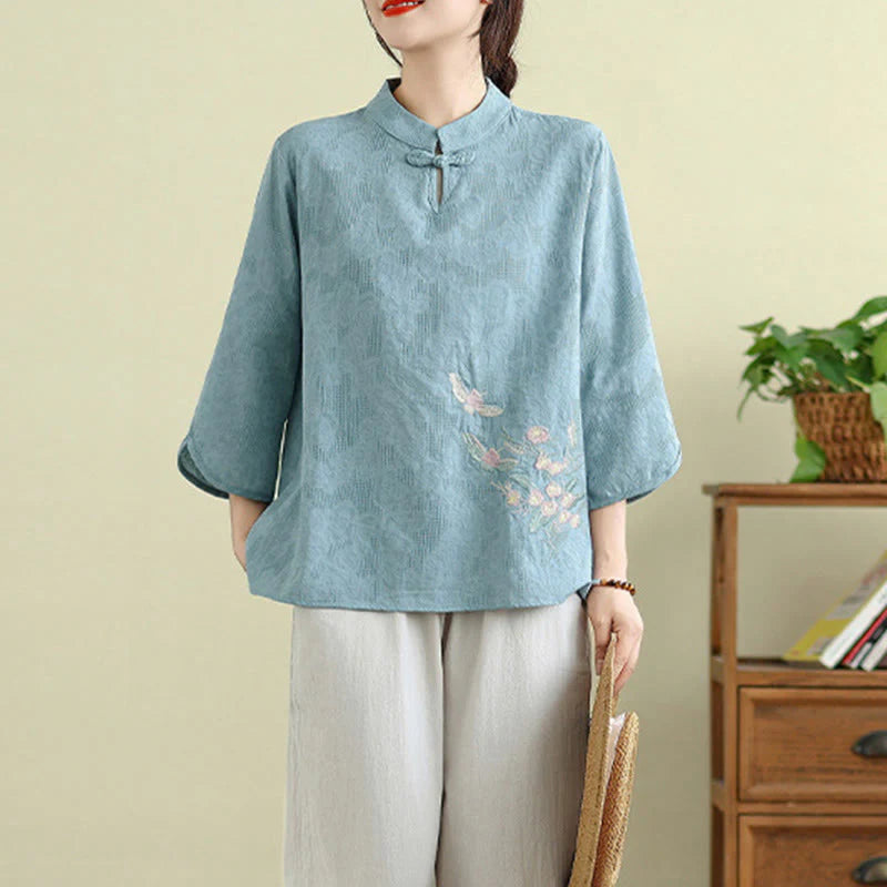 Buddha Stones Flower Embroidery Three Quarter Sleeve One Frog-Button Mandarin Collar Cotton Women's Shirt