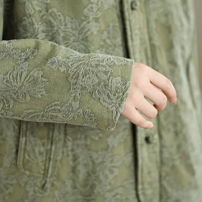 Buddha Stones Winter V-Neck Jacquard Frog-Button Cotton Long Sleeve Women's Thermal Jacket With Pockets