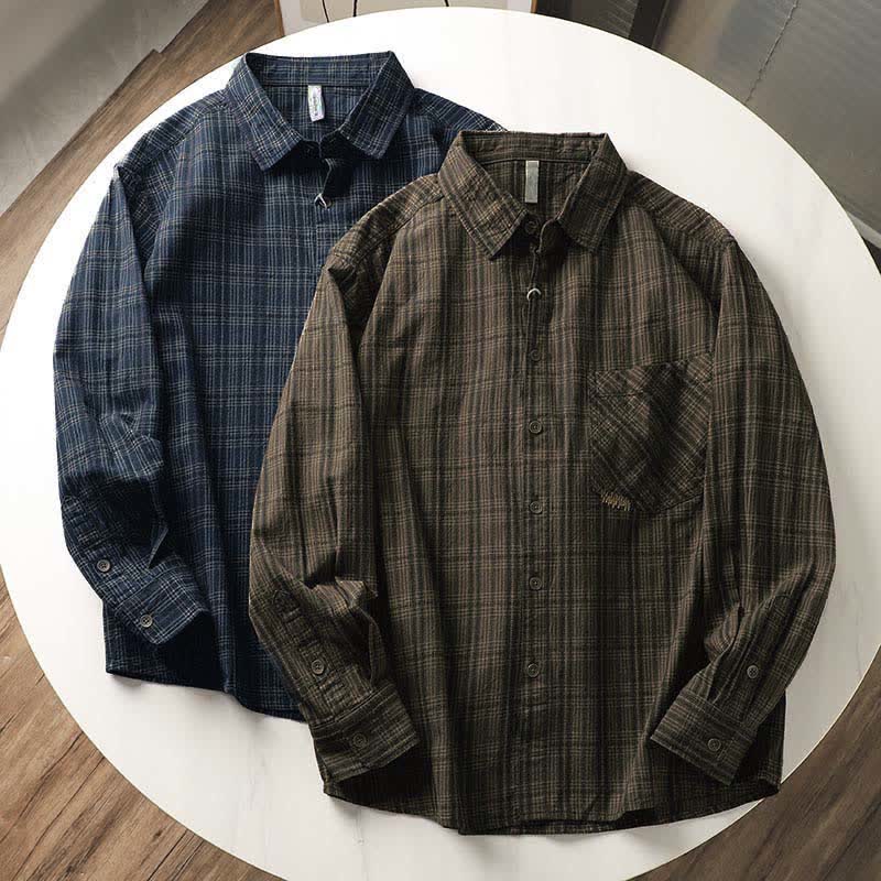 Buddha Stones Fall Commute Embroidery Plaid Pattern Men's Cotton Long Sleeve Shirts With Pocket