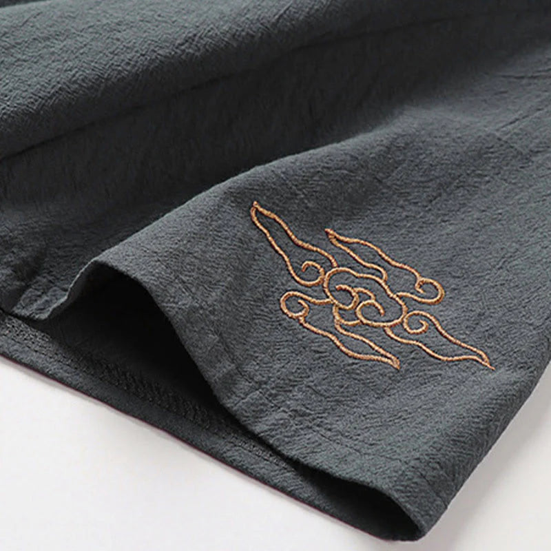 Buddha Stones Summer V-Neck Frog-Button Short Sleeve Clouds Embroidery Cotton Linen Men's Shirt