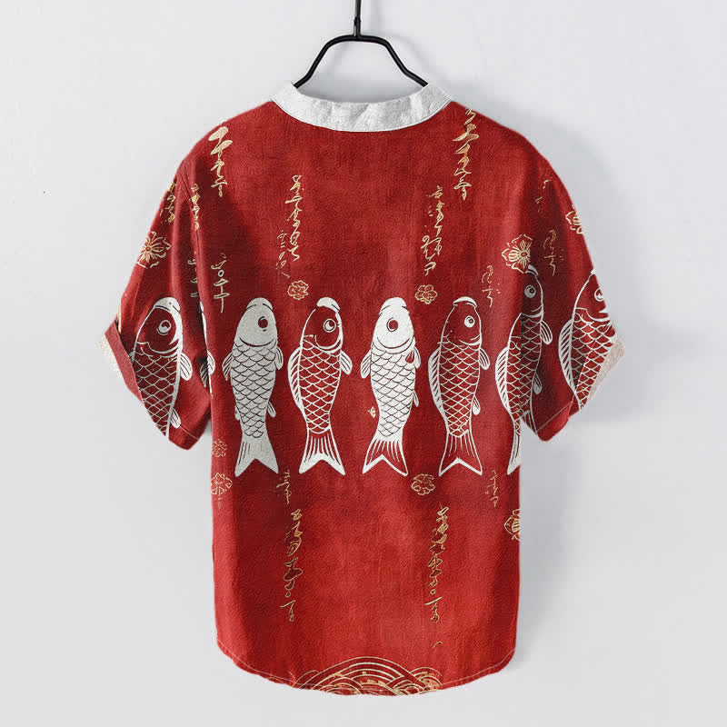 Buddha Stones Cotton Koi Fish Emblem Men's Short Sleeve Half Button Shirt