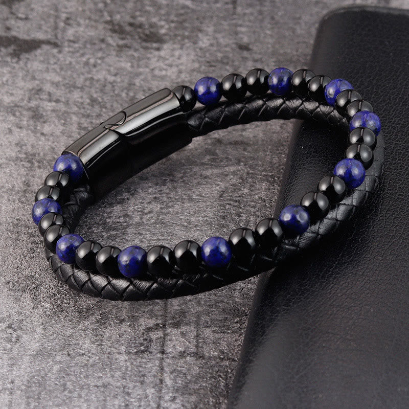 Buddha Stones Black Onyx Lazurite Lapis Lazuli Titanium Steel Positive Self Care Leather Bracelet